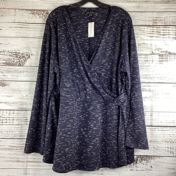 LANE BRYANT PLUS SIZE 22 24 BLUE MARLED TOP FAUX WRAP KNIT BLOUSE LONG SLEEV - Picture 3 of 13